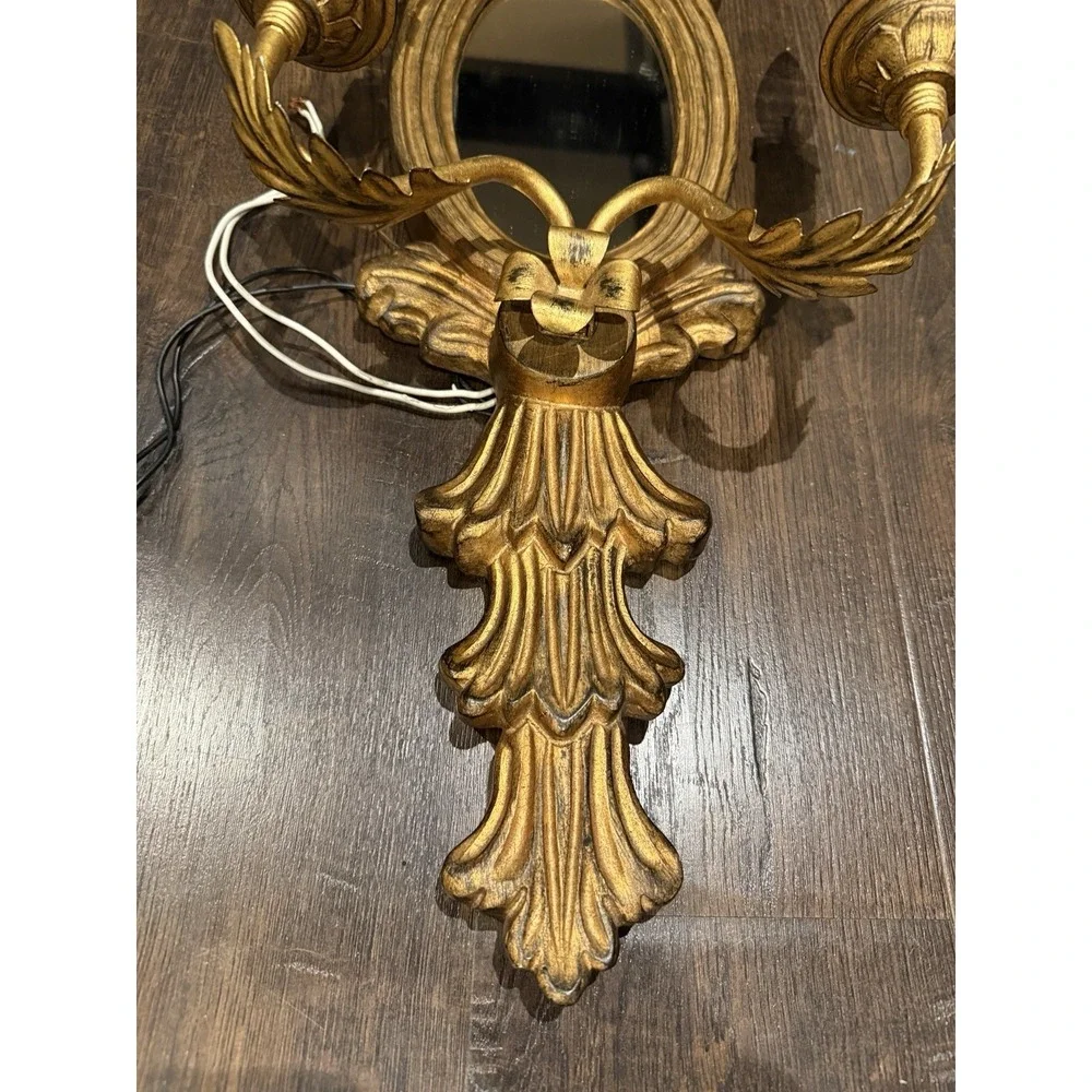 Vintage Italian Style Gilded Wooden Mirror Double Arm Light Wall Sconce
